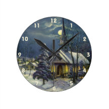 Vintage Christmas, Church in Moonlight Snow Winter Wallclocks