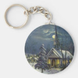 Vintage Christmas, Church in Moonlight Snow Winter Keychains