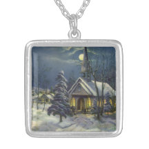 Vintage Christmas, Church in Moonlight Snow Winter Jewelry