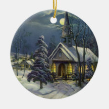Vintage Christmas, Church in Moonlight Snow Winter Christmas Ornament