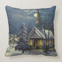 Vintage Christmas, Church in Moonlight Snow Winter Pillow
