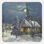 Vintage Christmas, Church in Moonlight Snow Winter Square Stickers