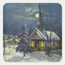 Vintage Christmas, Church in Moonlight Snow Winter Square Stickers