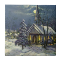 Vintage Christmas, Church in Moonlight Snow Winter Ceramic Tiles