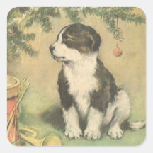 Vintage Christmas, Cute Puppy Under Christmas Tree Stickers