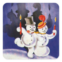 Vintage Christmas Dancing Snowmen Candles Square Stickers