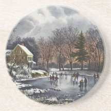 Vintage Christmas; Early Winter Ice Skaters Pond Coaster