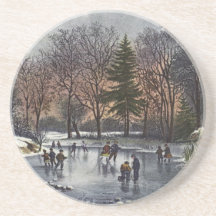 Vintage Christmas; Early Winter Ice Skaters Pond Beverage Coasters