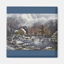 Vintage Christmas; Early Winter Ice Skaters Pond Fridge Magnet