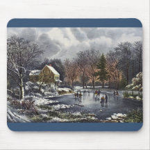 Vintage Christmas; Early Winter Ice Skaters Pond Mousepad