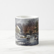 Vintage Christmas; Early Winter Ice Skaters Pond Coffee Mugs