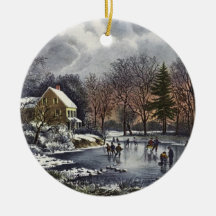 Vintage Christmas; Early Winter Ice Skaters Pond Christmas Ornaments