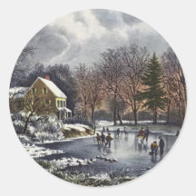 Vintage Christmas; Early Winter Ice Skaters Pond Round Stickers