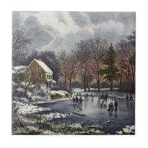 Vintage Christmas; Early Winter Ice Skaters Pond Ceramic Tile