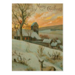 Vintage Christmas Farm with Deer Postcard