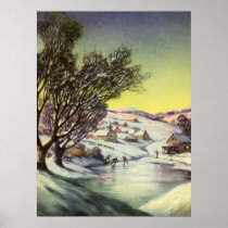 Vintage Christmas Frozen Pond with Ice Skaters Poster