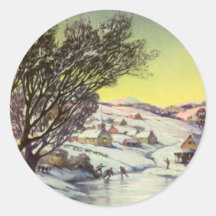 Vintage Christmas Frozen Pond with Ice Skaters Round Sticker