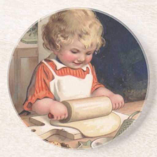 Vintage Christmas - Girl Baking Cookies Coaster
