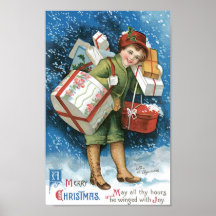 Vintage Christmas, Girl Presents Winter Snow Storm Posters