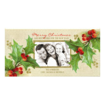 Vintage Christmas Holly Personalized photo card