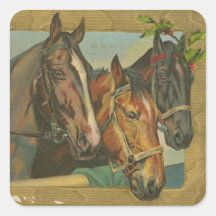 Vintage Christmas Horses Square Stickers