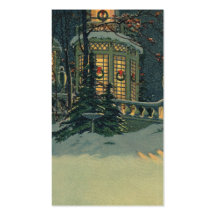 Vintage Christmas House Snow Wreaths Windows Business Cards