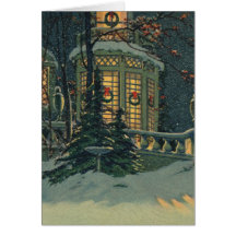 Vintage Christmas House Snow Wreaths Windows Greeting Card