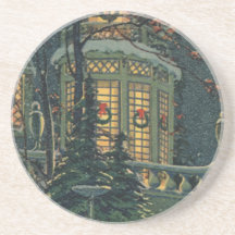 Vintage Christmas House Snow Wreaths Windows Drink Coasters