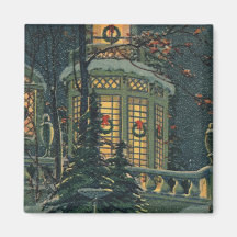 Vintage Christmas House Snow Wreaths Windows Magnets