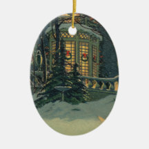 Vintage Christmas House Snow Wreaths Windows Christmas Ornaments