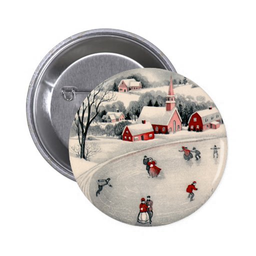Vintage Christmas, Ice Skating Skaters Frozen Pond Button