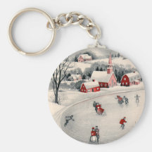 Vintage Christmas, Ice Skating Skaters Frozen Pond Keychain