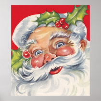 Vintage Christmas, Jolly Santa Claus with Holly Poster