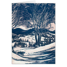 Vintage Christmas Landscape, Snow Trees Mountains Cards