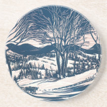 Vintage Christmas Landscape, Snow Trees Mountains Coaster