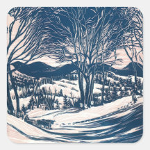 Vintage Christmas Landscape, Snow Trees Mountains Square Sticker