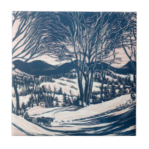 Vintage Christmas Landscape, Snow Trees Mountains Tiles