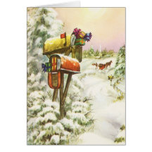 Vintage Christmas, Mailboxes Winter Landscape Greeting Card
