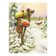 Vintage Christmas, Mailboxes Winter Landscape Postcard
