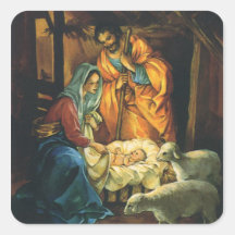 Vintage Christmas Nativity, Baby Jesus in Manger Square Stickers