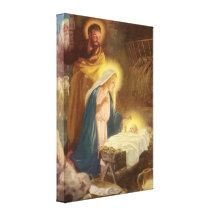 Vintage Christmas Nativity, Mary Joseph Baby Jesus Stretched Canvas Print