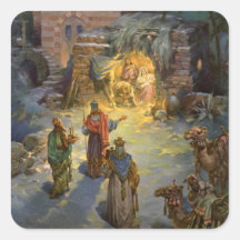 Vintage Christmas, Nativity, Visiting Magi Manger Square Stickers