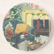 Vintage Christmas Pets Sleeping Waiting for Santa Drink Coasters