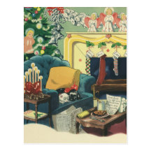 Vintage Christmas Pets Sleeping Waiting for Santa Post Card