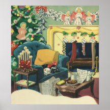 Vintage Christmas Pets Sleeping Waiting for Santa Print