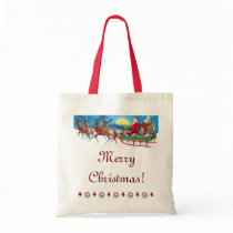 Vintage Christmas Santa and Reindeer Sleigh Tote Bag