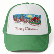 Vintage Christmas Santa and Reindeer Sleigh Mesh Hat