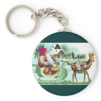 Vintage Christmas Santa and Reindeer Sleigh Key Chain