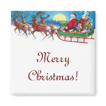 Vintage Christmas Santa and Reindeer Sleigh Fridge Magnet