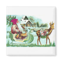 Vintage Christmas Santa and Reindeer Sleigh Magnet